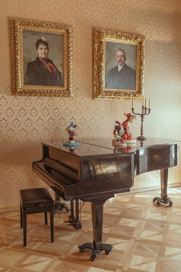 Classic interior with a grand piano and ornate portraits on the wall, creating an elegant atmosphere.