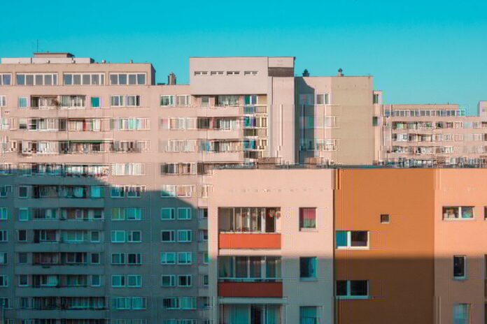 A view of a city with tall buildings